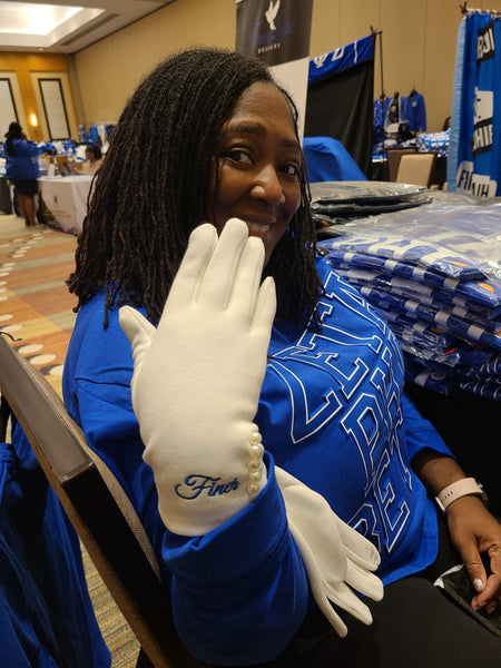 Finer Gloves (White with blue text)