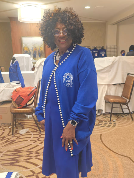 Royal Blue pearl cardigan (Blue and white Shield)