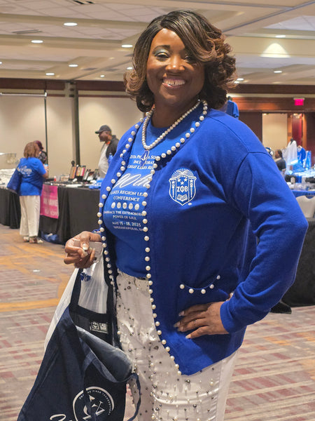 Royal Blue pearl cardigan (Blue and white Shield)
