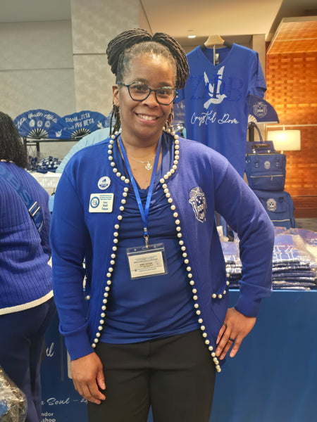 Royal Blue pearl cardigan (Blue and white Shield)