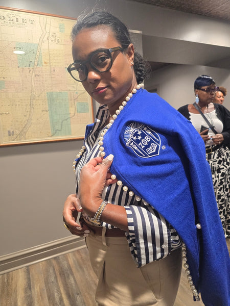 Royal Blue pearl cardigan (Blue and white Shield)