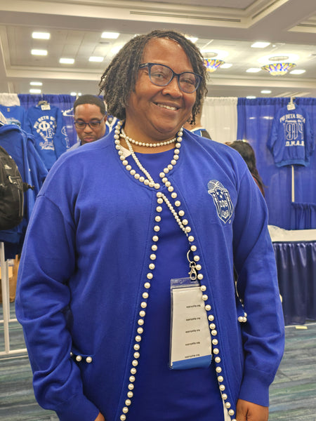 Royal Blue pearl cardigan (Blue and white Shield)